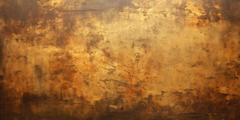 Gold texture background, old worn yellow orange paint like rust on metal sheet. Rough vintage golden surface, abstract antique artefact. Theme of ancient art, wall, bronze, brass - obrazy, fototapety, plakaty