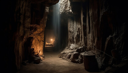 Spooky underground adventure reveals ancient mining ruins and illuminated stalactites generated by AI - obrazy, fototapety, plakaty