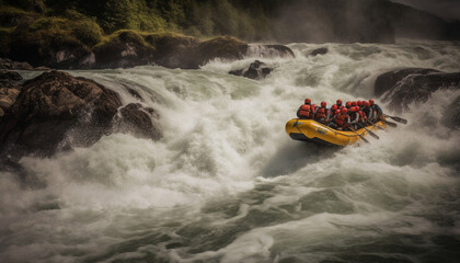 Men kayaking in rapid waters, spraying water, surrounded by nature generated by AI - obrazy, fototapety, plakaty