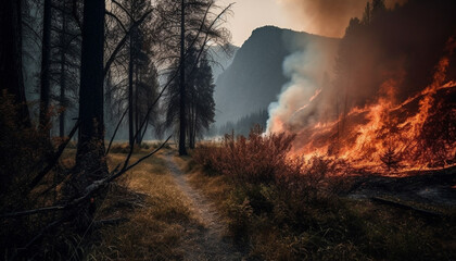 Burning forest fire damages natural environment, smoke fills the landscape generated by AI