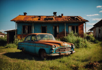 old abandoned car and home
