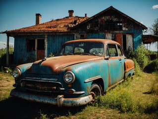 old abandoned car at the vintage home's garden.