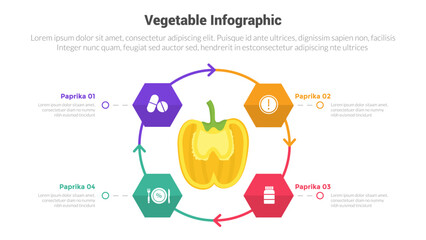 fresh vegetable and healthy infographics template diagram with sliced yellow paprika 4 point step creative design for slide presentation