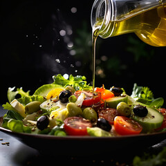 Fotografia con detalle y textura de deliciosa ensalada con ingredientes mediterráneos y aderezo de aceite de oliva