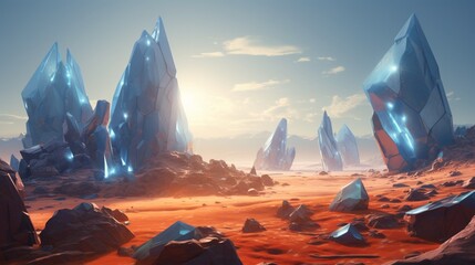 an alien desert landscape with enormous crystalline stones, each one radiating a surreal, ethereal glow amidst a unique extraterrestrial terrain