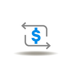 Vector illustration of dollar currency with round arrows. Icon of back return money. Symbol of policy refund. Sign of cashback.