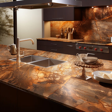 Fondo con detalle de cocina con encimeras de marmol de tonos marrones e iluminacion de tonos calidos