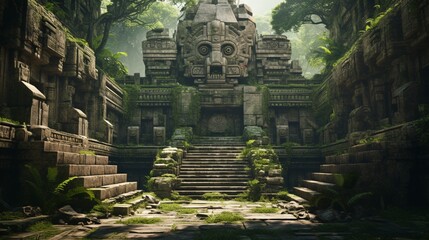 an ancient, overgrown temple courtyard with ornate stone sculptures, surrounded by lush greenery, capturing the spirit of a forgotten civilization