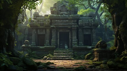 an ancient stone temple in a lush forest, its wooden pillars adorned with intricate carvings, standing as a testament to timeless craftsmanship