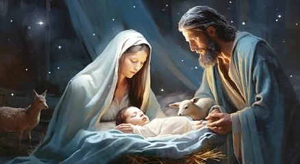Fotobehang Mary and Joseph standing over baby Jesus in the stable. Animals around © Kordiush