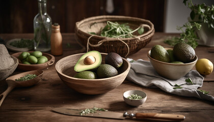 Fresh organic guacamole, a healthy vegetarian snack on rustic table generated by AI