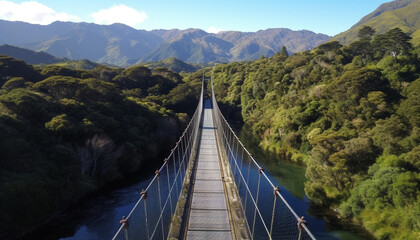 High up mountain range, tranquil scene, man made footbridge, adventure awaits generated by AI