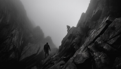 Silhouette of determined man conquering mountain peak in monochrome landscape generated by AI