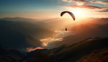 Men flying high up in the mountain range, gliding with parachutes generated by AI - obrazy, fototapety, plakaty