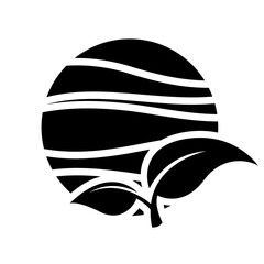 Black Abstract Icon of Leaves Over a Striped Circle