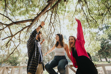 Cheerful friends, young adults, having a carefree conversation under a tree in a sunny city park....