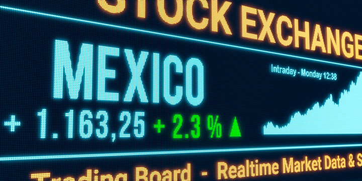 Mexico, stock market moving up. Positive stock exchange data, rising chart on the screen. Green percentage sign, profit and investment. 3D illustration