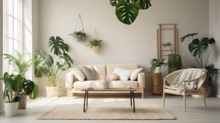 Interior of light living room with sofas and Monstera houseplant. Real estate concept. Interior with plants.