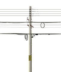 Power pole with lots of wires.Isolated utility pole.Old electrical post with cables - obrazy, fototapety, plakaty