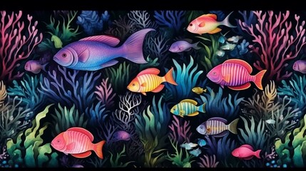 Fototapeta na wymiar Deep sea wallpaper pattern with coral reefs and colorful fish in the depths of the bay, vintage style and black background 