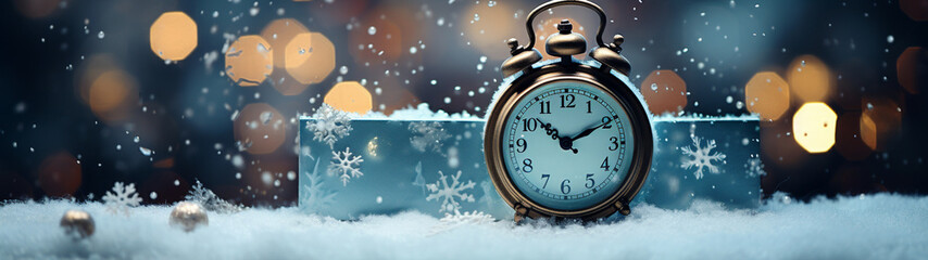 Fototapeta na wymiar Festive banner with New Year's design. Christmas postcard with clock. Gold bokeh. Generative AI