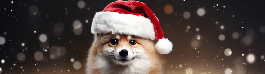 Christmas banner with cute dog in santa claus hat on festive background. New year postcard. Generative AI