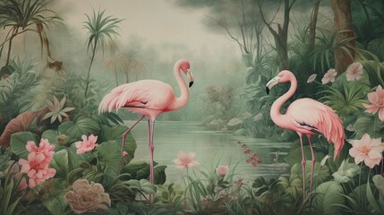 wallpaper jungle and leaves tropical forest mural flamingo and birds old drawing vintage background
