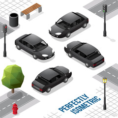 Fototapeta premium Black Isometric Car from Front Back Right and Left