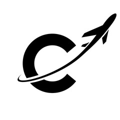 Obraz premium Black Lowercase Letter C Icon with an Airplane