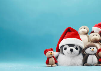 A lot of adorable stuffed animals toys with red Santa's hat on minimal light blue studio background. Copy space.