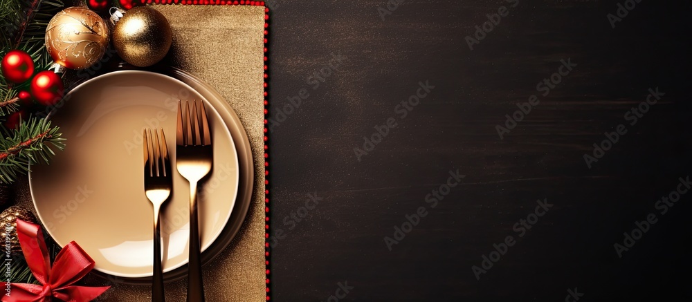 Poster top down view of a festive table setting with holiday decorations cutlery and plates background for 