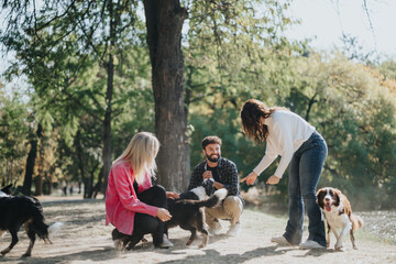 Cheerful friends and playful dogs embrace natures joy in a city park. Casual and carefree, they...