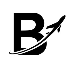 Black Uppercase Letter B Icon with an Airplane