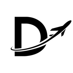 Black Uppercase Letter D Icon with an Airplane