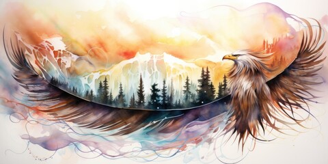 A painting of an eagle flying over a mountain range.