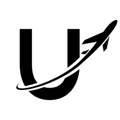 Black Uppercase Letter U Icon with an Airplane