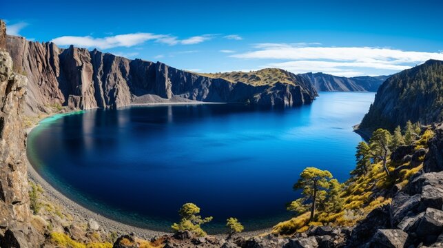 an image of a remote volcanic crater lake, with deep blue waters encircled by dramatic, rugged cliffs