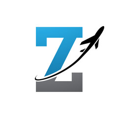Blue and Black Antique Letter Z Icon with an Airplane