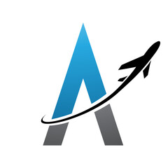Blue and Black Futuristic Letter A Icon with an Airplane