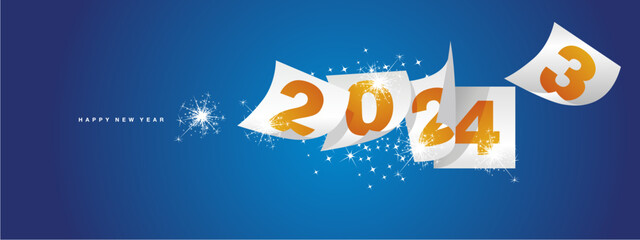 Happy new year 2024 and the end of 2023. Winter holiday greeting card design template on blue background. New year 2024 and the end of 2023 on orange white calendar sheets and sparkle firework - obrazy, fototapety, plakaty