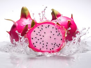 A dragon fruit with water splashing on it.