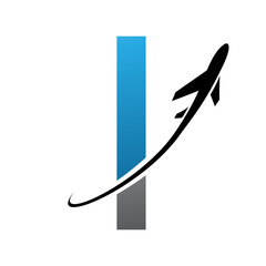 Blue and Black Futuristic Letter I Icon with an Airplane