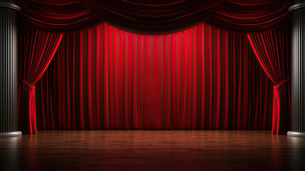 Theater stage with black red velvet curtainsEmpty 3d room background illustration - Theater stage with black red velvet curtains