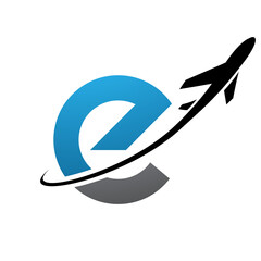Blue and Black Lowercase Letter E Icon with an Airplane