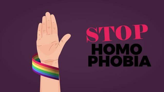 LGBTIQ+ flag hand with stop homophobia message animation 4k