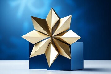 One golden snowflake on a blue background.