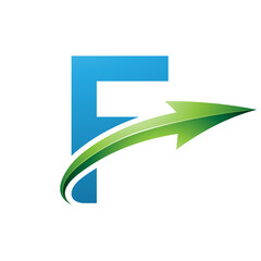 Blue and Green Uppercase Letter F Icon with a Glossy Arrow