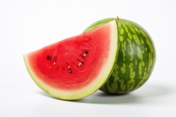 A half of a watermelon with a slice cut in half. Photorealistic, on white background