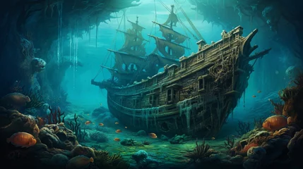 Fototapeten an underwater wonderland with a wooden shipwreck on the ocean floor, its intricate details a testament to the craftsmanship of the past © Shahzaib