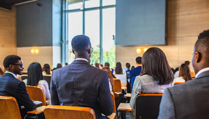 business people or students are watching a presentation or attend a training or seminar in a lecture hall or auditorium conference hall full of people participating in the business training - obrazy, fototapety, plakaty